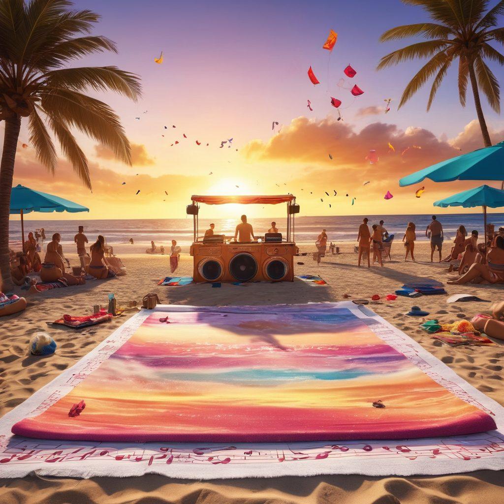 A sunlit beach scene with a DJ booth on the sand, surrounded by people dancing in vibrant swimwear, colorful musical notes floating in the air, and a sunset backdrop. In the foreground, sheet music scattered alongside beach gear like towels and umbrellas. Energetic atmosphere filled with fun and music. vibrant colors. super-realistic.
