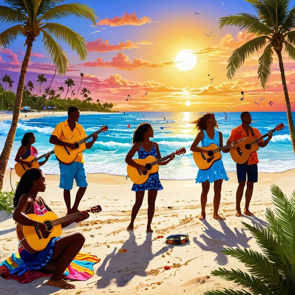 A vibrant beach scene featuring musicians playing diverse instruments like guitars, ukuleles, and drums on soft sands, with colorful musical notes dancing in the air around them. The sun glistens on the waves while palm trees sway in the background, creating a lively atmosphere. People in beach attire enjoying the music and sunset enhance the joyful mood. tropical, bright colors, illustration art, whimsical style.