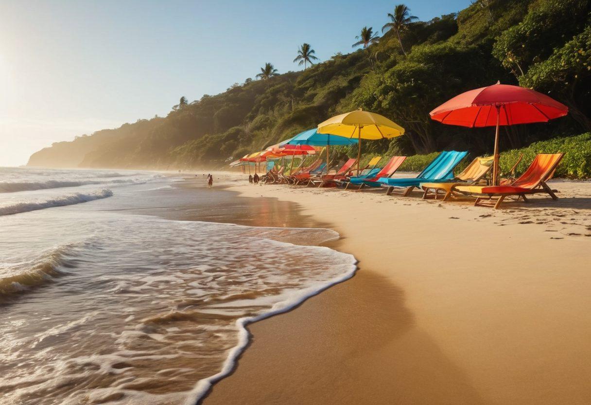 A serene beach scene with a sunny sky, where a diverse group of people, wearing vibrant beachwear, is joyfully playing musical instruments like ukuleles and surfboards doubles as musical notes. In the background, gentle waves wash ashore, and colorful beach umbrellas dot the sandy landscape. The atmosphere is lively and inviting, showcasing the perfect coastal escape for music lovers. bright colors. super-realistic. lively details.